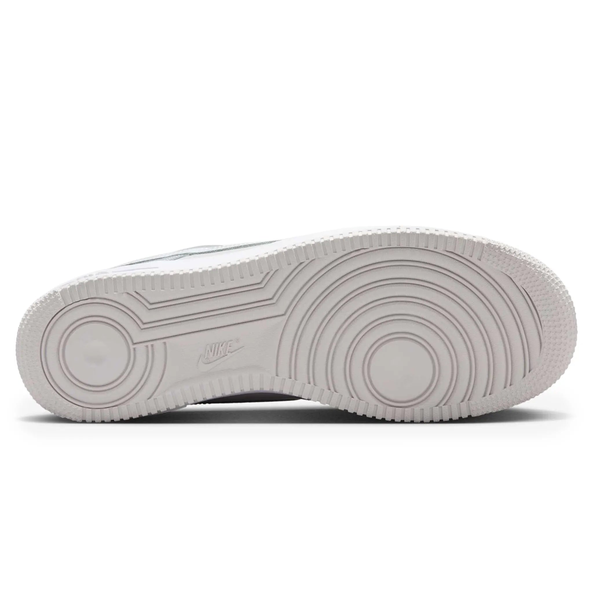 Sole View of Nike Air Force 1 Wolf Grey Patent Sneaker HV9405-001